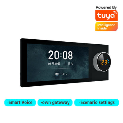 Anjielo 10-inch high-definition multi-functional central controller host with built-in knobs, wall-mounted and concealed installation structure, and remote app control capability.