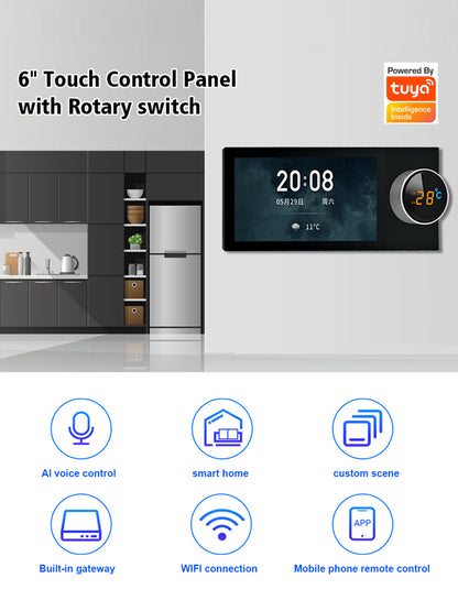 Anjielo 10-inch high-definition multi-functional central controller host with built-in knobs, wall-mounted and concealed installation structure, and remote app control capability.