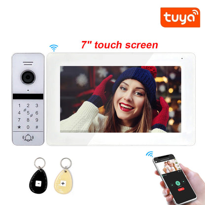 Anjielo Wireless WiFi Smart Video Intercom System Tuya Smart doorbell AHD Full Touch Screen with Wired Phone Talking One-Key Unlocking