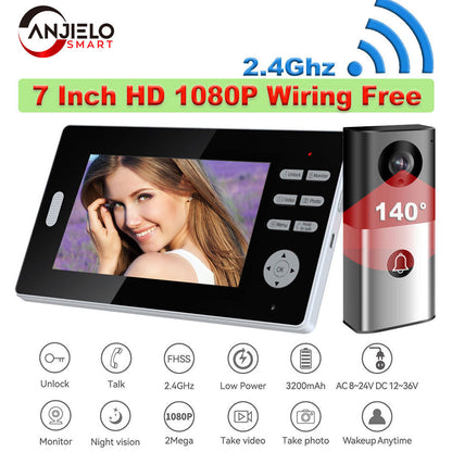 Anjielo 2.4Ghz Long Range Coverage 7 Inch HD 1080P Doorbell Wireless Video Intercom 2MP Door Phone Unlock Monitor 140° Home Security
