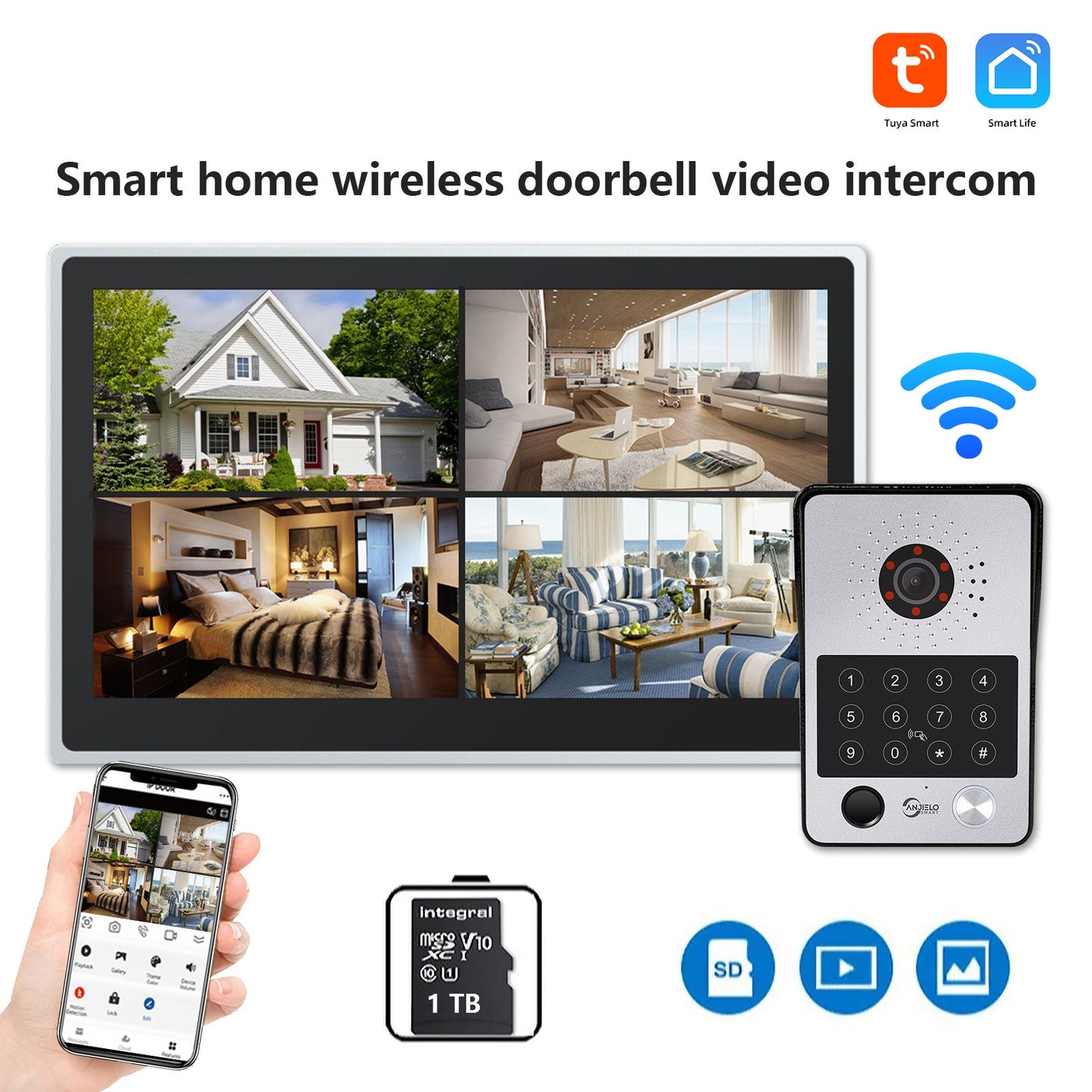Anjielo Smart Tuya iDVR 1080P Smart Home Doorbell Large 15.6 Inch Video Intercom Control System WiFi Video 4 Split Screen IP Doorbell
