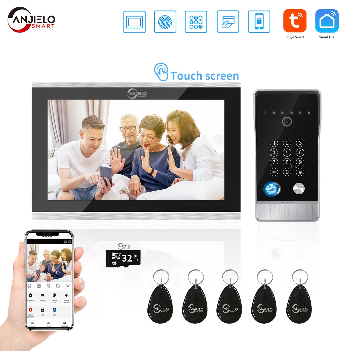 Anjielo FHD 1080P Tuya Smart WiFI Video Doorbell Camera with RFID Card Unlock Fingerprint and Password Unlock for Home Villa Apartment Intercom System