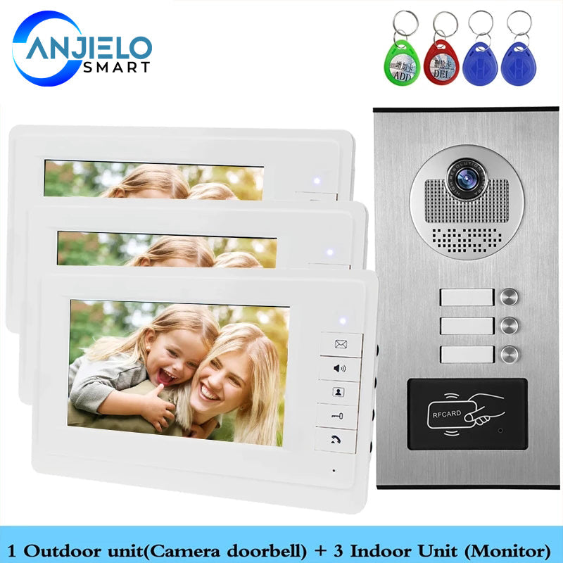 Anjielo Wired Home 7 Inch TFT Color Video Intercom Doorbell System RFID Camera Metal 700 TV Line with 2/3/4 Monitors Suitable for Multi-family Apartments