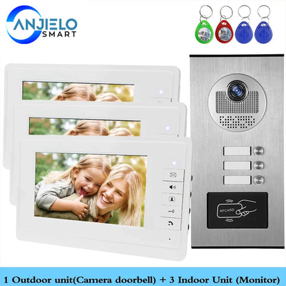 Anjielo Wired Home 7 Inch TFT Color Video Intercom Doorbell System RFID Camera Metal 700 TV Line with 2/3/4 Monitors Suitable for Multi-family Apartments