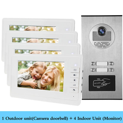 Anjielo Wired Home 7 Inch TFT Color Video Intercom Doorbell System RFID Camera Metal 700 TV Line with 2/3/4 Monitors Suitable for Multi-family Apartments