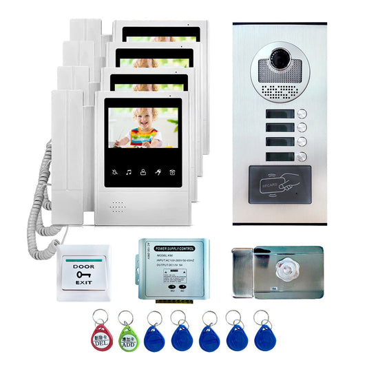 Anjielo 4.3'' Home TFT Wired Video Intercom Doorbell System RFID Camera with 3 Monitor+Exit Button+ Electric Lock + Door Access System