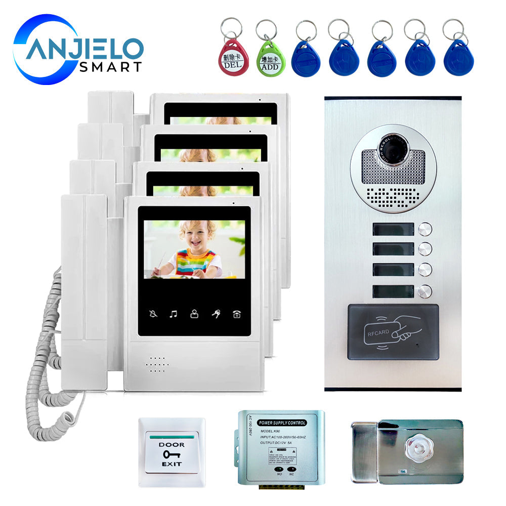 Anjielo 4.3'' Home TFT Wired Video Intercom Doorbell System RFID Camera with 3 Monitor+Exit Button+ Electric Lock + Door Access System