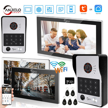 Anjielo Tuya 7/10 Inch Password Fingerprint Card Video Intercom Doorbell Touch Screen with Wired Doorbell 1080P Intercom Kit