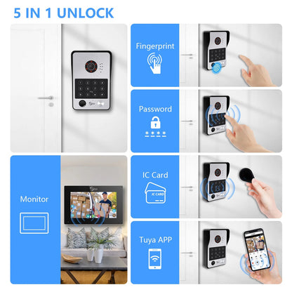 Anjielo Tuya 7/10 Inch Password Fingerprint Card Video Intercom Doorbell Touch Screen with Wired Doorbell 1080P Intercom Kit