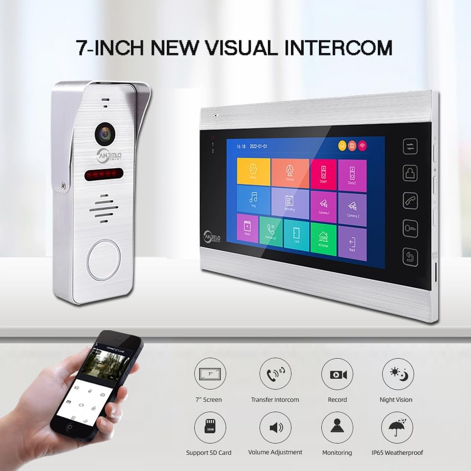 Anjielo 1080P WiFi Video Intercom System 160° Wide Angle HD Camera 7 Inch Wired Screen Monitor for Apartment Home with Night Vision Motion Detection