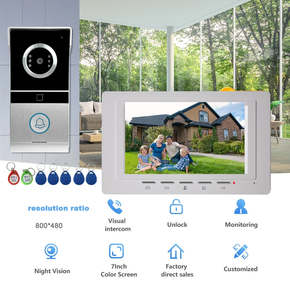 Anjieluo 7-inch color screen two-way intercom one-touch unlock infrared night vision RFID motion detection video intercom security system