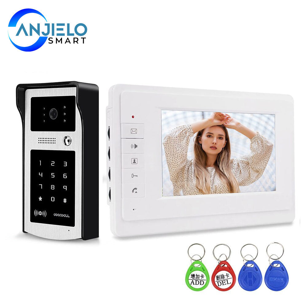 Anjielo 7 Inch Wired Video Intercom for Apartment Security Support Card Password Unlock RFID Video Camera Doorbell Intercom System
