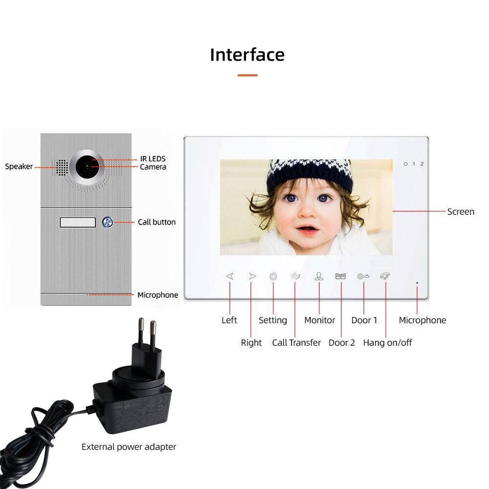 Anjielo 7-inch Wired Wifi Tuya Smart Remote Unlock Motion Detection Recording Suitable for Home Security Video Doorbell Intercom System