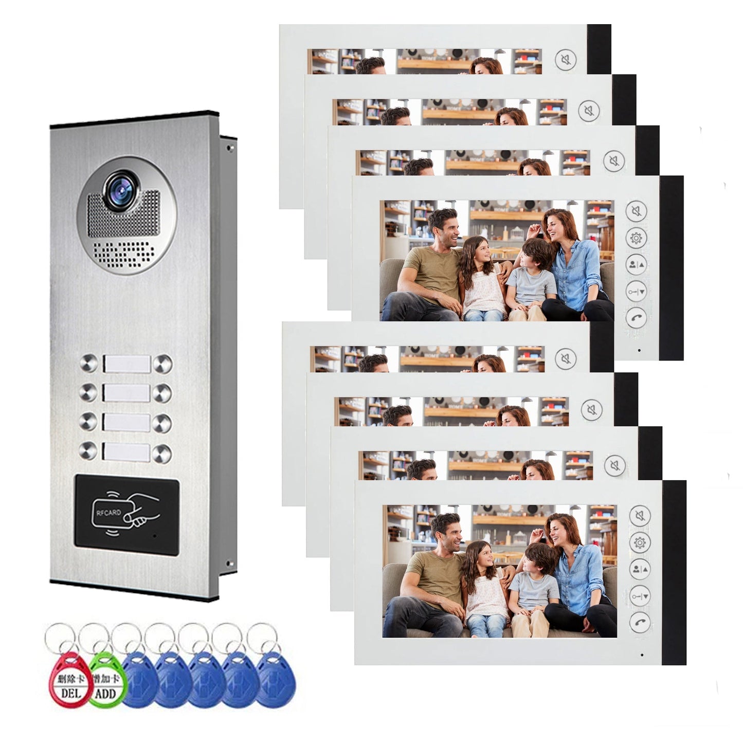 Anjielo Smart 4 Wired Video Multi-family Apartment Intercom System,2/3/4/6/8/10/12 Units 7 inch Monitor Video Door Phone Kit,Indoor Outdoor Video Doorbell, ID Card Unlock, 2 Way Audio for Home and Villa