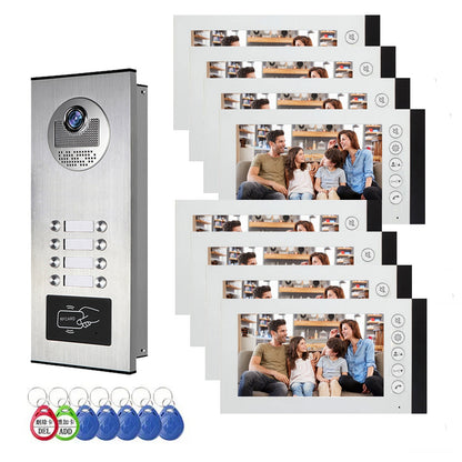 Anjielo Smart 4 Wired Video Multi-family Apartment Intercom System,2/3/4/6/8/10/12 Units 7 inch Monitor Video Door Phone Kit,Indoor Outdoor Video Doorbell, ID Card Unlock, 2 Way Audio for Home and Villa
