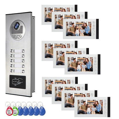 Anjielo Smart 4 Wired Video Multi-family Apartment Intercom System,2/3/4/6/8/10/12 Units 7 inch Monitor Video Door Phone Kit,Indoor Outdoor Video Doorbell, ID Card Unlock, 2 Way Audio for Home and Villa
