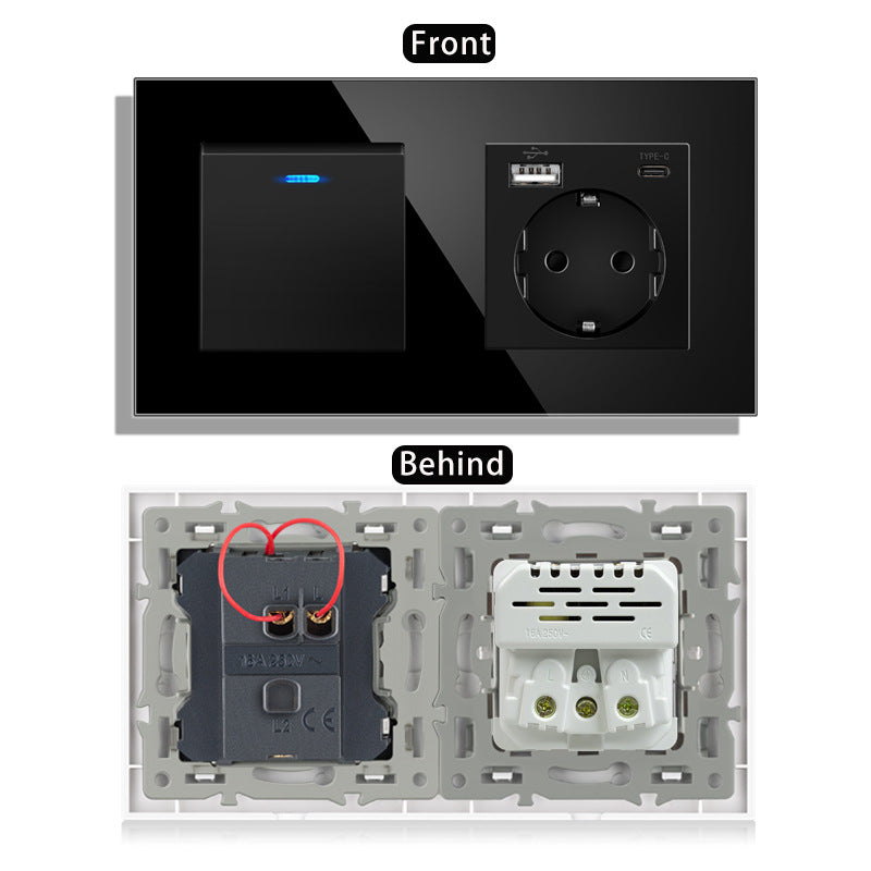 AnjieloSmart 220V 16A wall socket with toggle switch and USB port, 153*86 glass panel with light switch