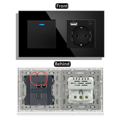 AnjieloSmart 220V 16A wall socket with toggle switch and USB port, 153*86 glass panel with light switch