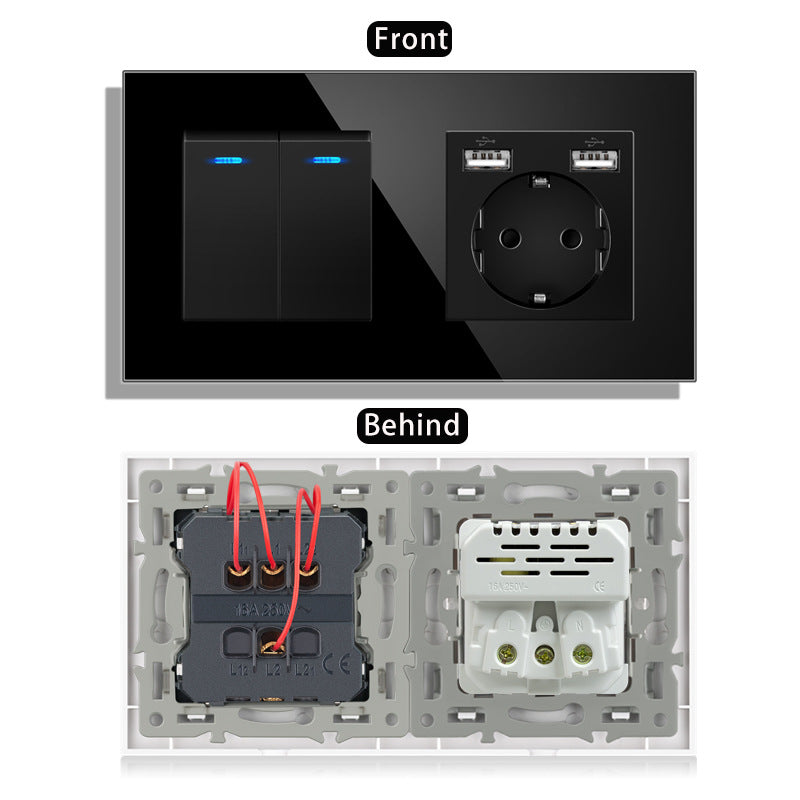 AnjieloSmart 220V 16A wall socket with toggle switch and USB port, 153*86 glass panel with light switch