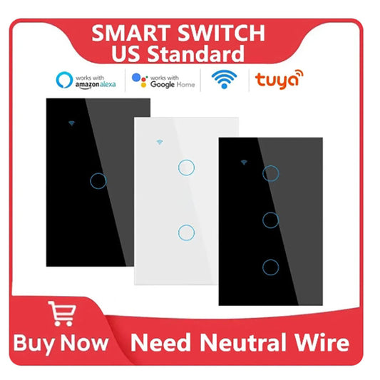 AnjieloSmart Tuya WiFi Smart Light Switch Neutral Wire Wall Touch Switch American Smart Living Alexa Google