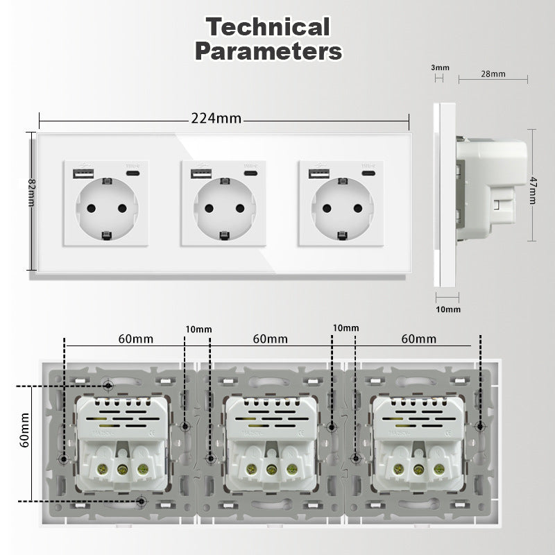AnjieloSmart Type 82 European standard German-style USB Type-C integrated wall power socket, 16A, concealed mounting, glass panel.