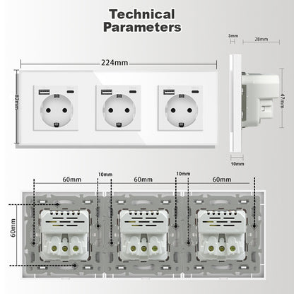 AnjieloSmart Type 82 European standard German-style USB Type-C integrated wall power socket, 16A, concealed mounting, glass panel.