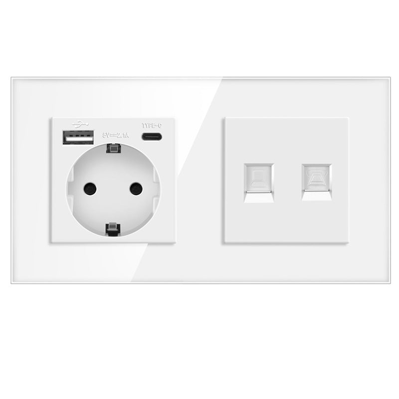 AnjieloSmart European standard 86mm German-style socket + CAT3 TV RJ45 tempered glass wall connector + computer internet