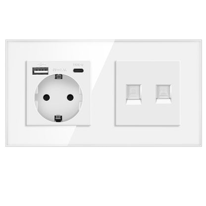 AnjieloSmart European standard 86mm German-style socket + CAT3 TV RJ45 tempered glass wall connector + computer internet