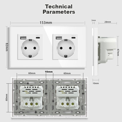 AnjieloSmart Type 82 European standard German-style USB Type-C integrated wall power socket, 16A, concealed mounting, glass panel.