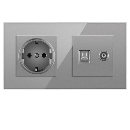 AnjieloSmart European standard 86mm German-style socket + CAT3 TV RJ45 tempered glass wall connector + computer internet