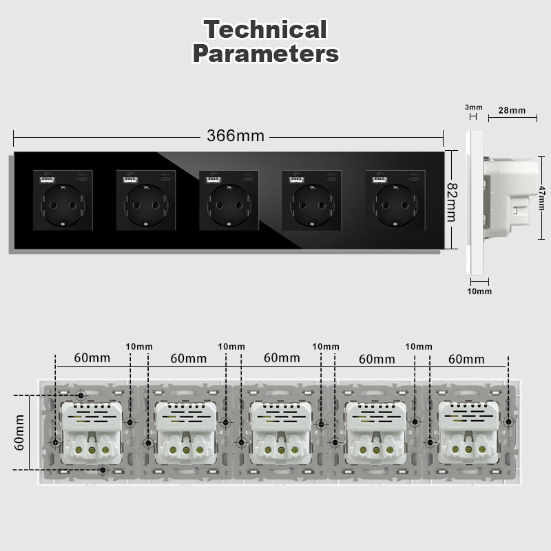 AnjieloSmart Type 82 European standard German-style USB Type-C integrated wall power socket, 16A, concealed mounting, glass panel.