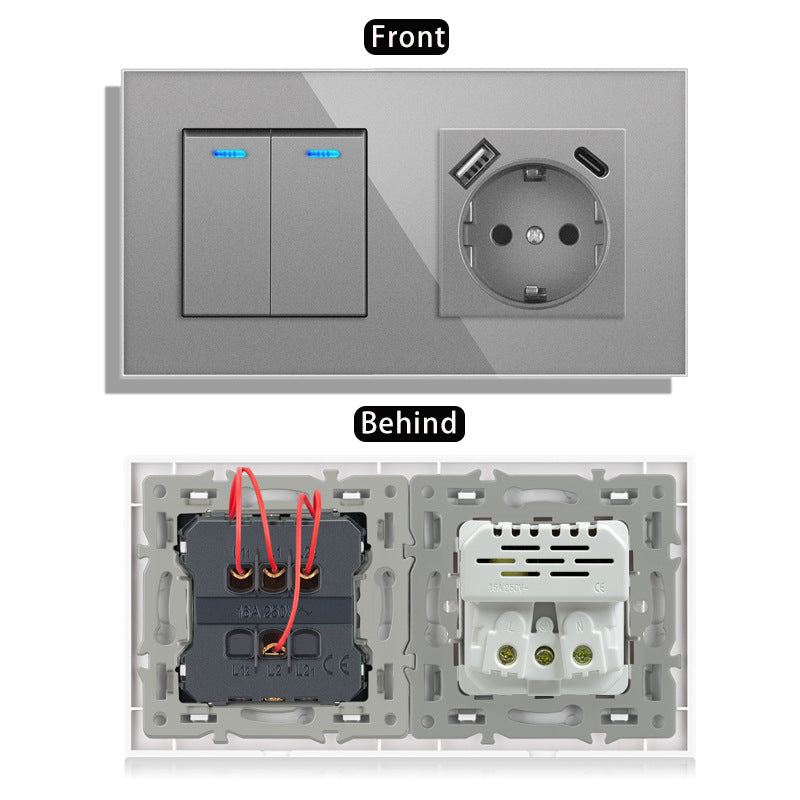 AnjieloSmart 220V 16A wall socket with toggle switch and USB port, 153*86 glass panel with light switch