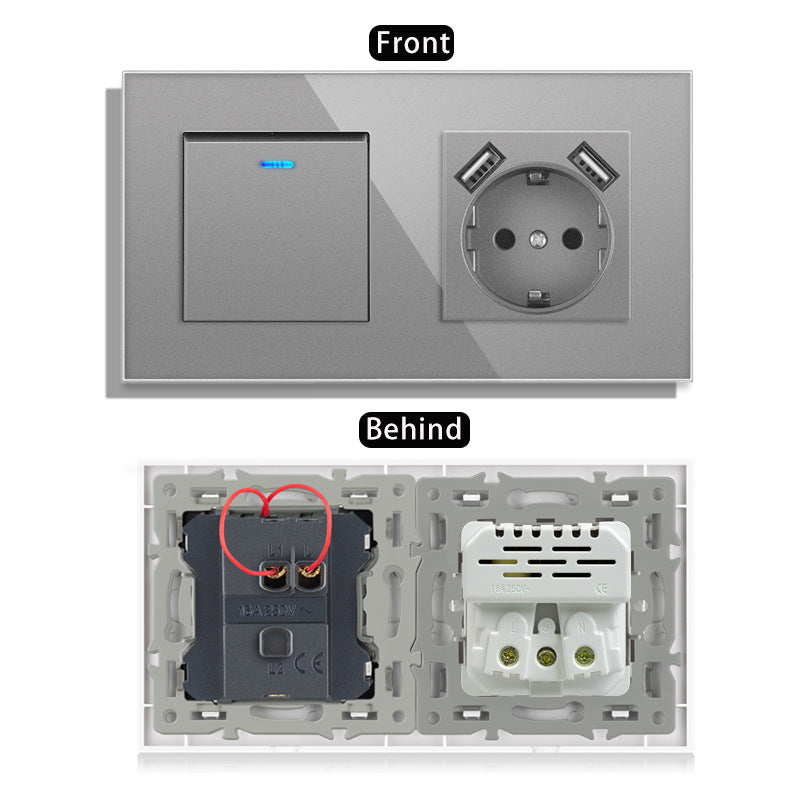 AnjieloSmart 220V 16A wall socket with toggle switch and USB port, 153*86 glass panel with light switch