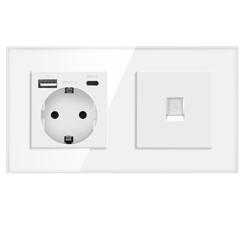 AnjieloSmart European standard 86mm German-style socket + CAT3 TV RJ45 tempered glass wall connector + computer internet