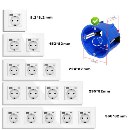 AnjieloSmart Type 82 European standard German-style USB Type-C integrated wall power socket, 16A, concealed mounting, glass panel.
