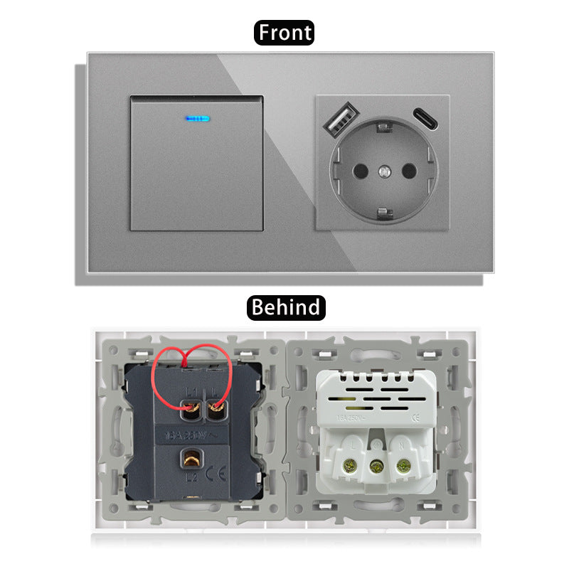 AnjieloSmart 220V 16A wall socket with toggle switch and USB port, 153*86 glass panel with light switch