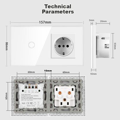 AnjieloSmart European standard Russian style touch sensor switch with socket, crystal glass panel wall switch and socket.