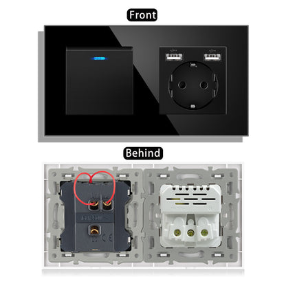 AnjieloSmart 220V 16A wall socket with toggle switch and USB port, 153*86 glass panel with light switch
