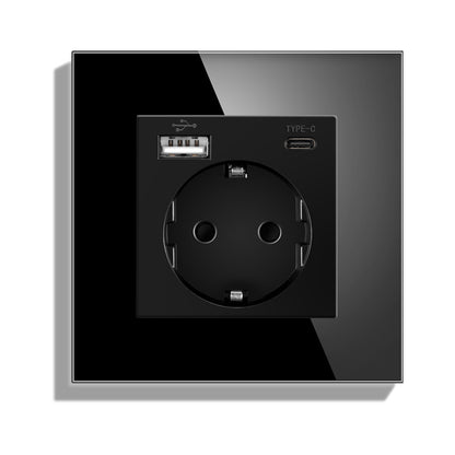 AnjieloSmart Type 82 European standard German-style USB Type-C integrated wall power socket, 16A, concealed mounting, glass panel.