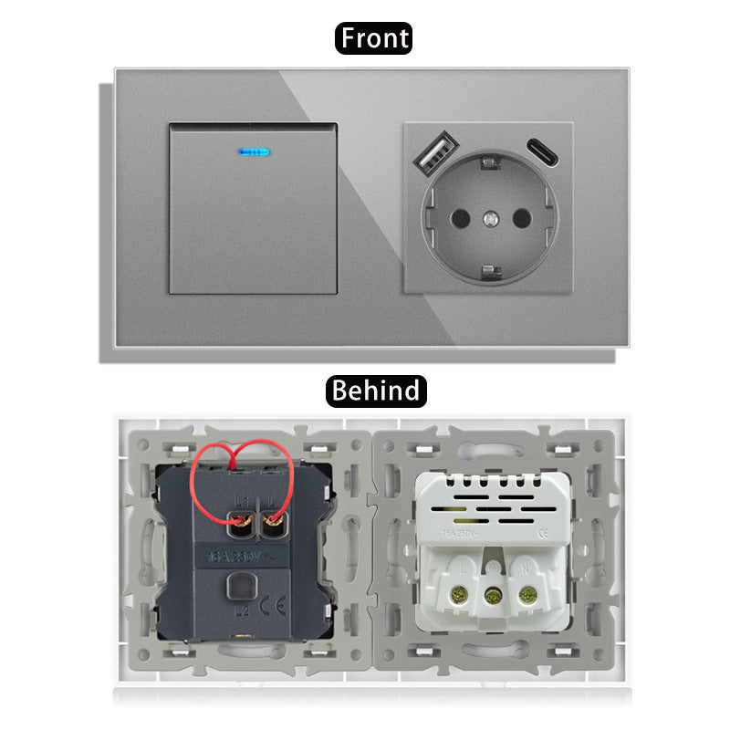AnjieloSmart 220V 16A wall socket with toggle switch and USB port, 153*86 glass panel with light switch