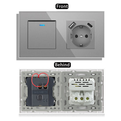 AnjieloSmart 220V 16A wall socket with toggle switch and USB port, 153*86 glass panel with light switch
