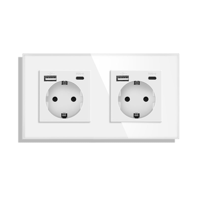 AnjieloSmart Type 82 European standard German-style USB Type-C integrated wall power socket, 16A, concealed mounting, glass panel.