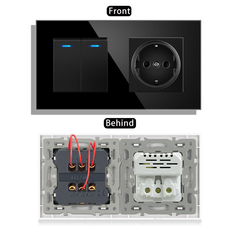 AnjieloSmart 220V 16A wall socket with toggle switch and USB port, 153*86 glass panel with light switch