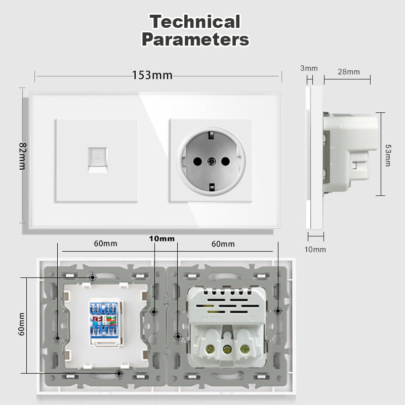 AnjieloSmart 53*86mm double wall socket with EU plug, TV and CAT5 internet RJ45 computer connection.