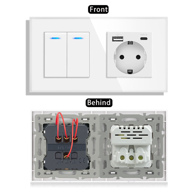 AnjieloSmart 220V 16A wall socket with toggle switch and USB port, 153*86 glass panel with light switch