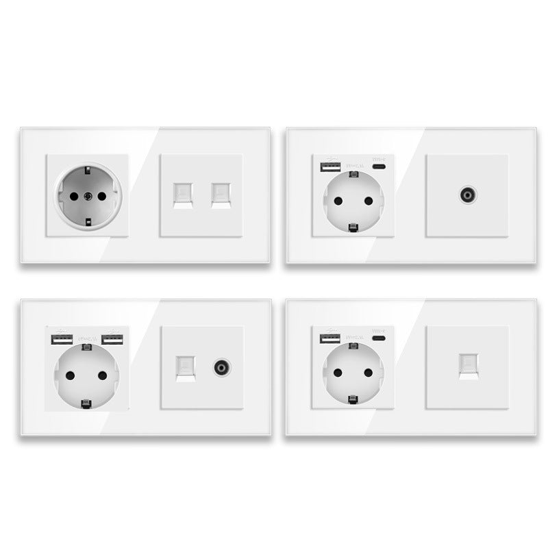 AnjieloSmart European standard 86mm German-style socket + CAT3 TV RJ45 tempered glass wall connector + computer internet