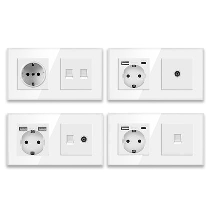 AnjieloSmart European standard 86mm German-style socket + CAT3 TV RJ45 tempered glass wall connector + computer internet