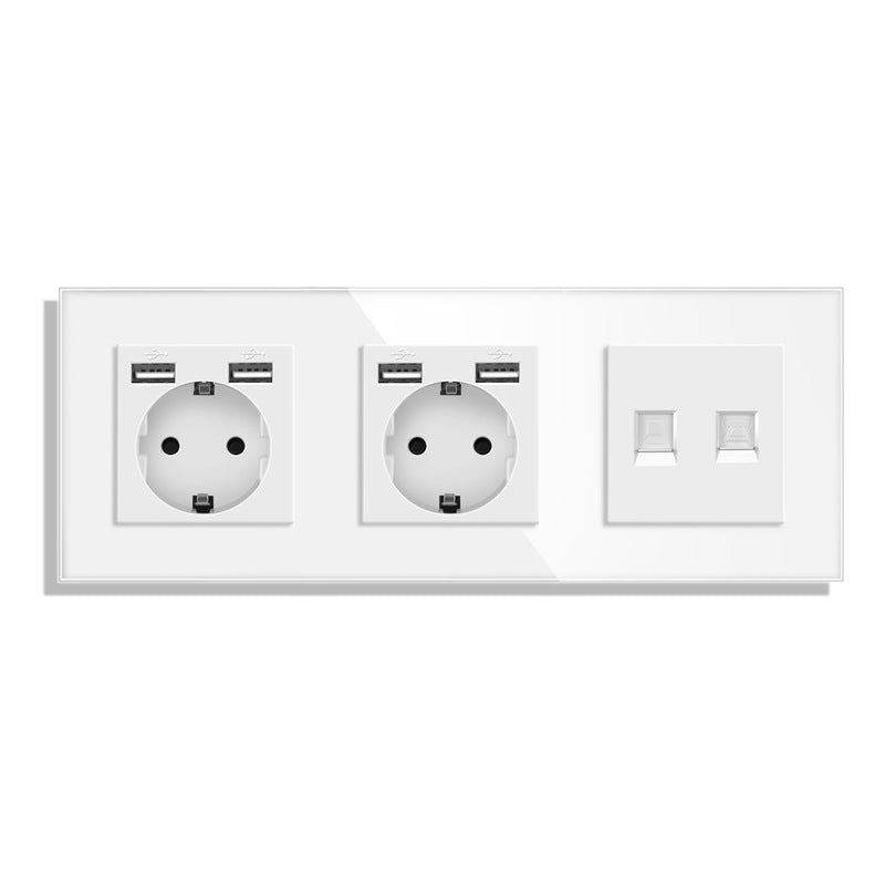 AnjieloSmart Type 82 European standard socket, German style, with USB port, TV/CAT6 internet RJ45 computer connection, and glass frame.