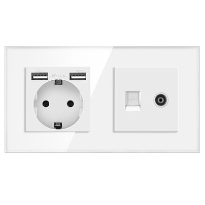 AnjieloSmart European standard 86mm German-style socket + CAT3 TV RJ45 tempered glass wall connector + computer internet