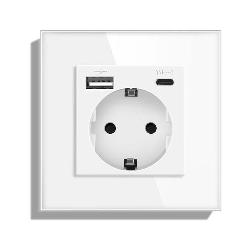AnjieloSmart Type 82 European standard German-style USB Type-C integrated wall power socket, 16A, concealed mounting, glass panel.